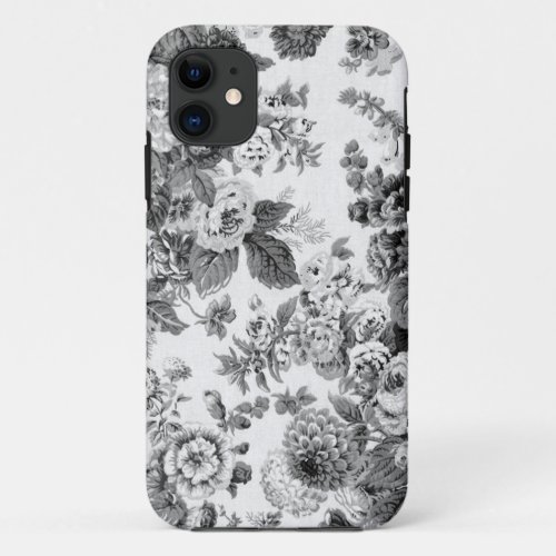 Black  White Gray Tone Vintage Floral Toile No3 iPhone 11 Case