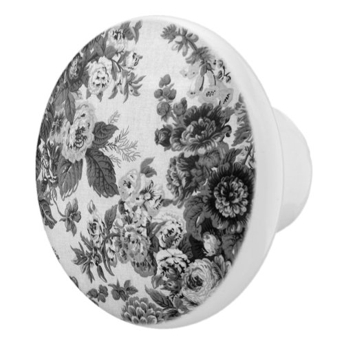 Black  White Gray Tone Vintage Floral Toile No3 Ceramic Knob