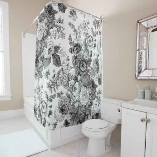 Black  White Gray Tone Vintage Floral Toile No3 Shower Curtain