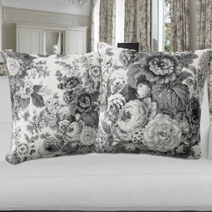 Black & White Gray Tone Vintage Floral Toile Throw Pillow