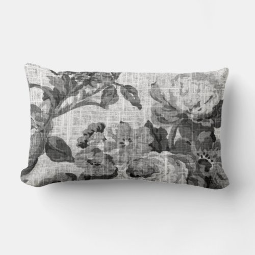 Black  White Gray Tones Floral Toile Fabric No5 Lumbar Pillow