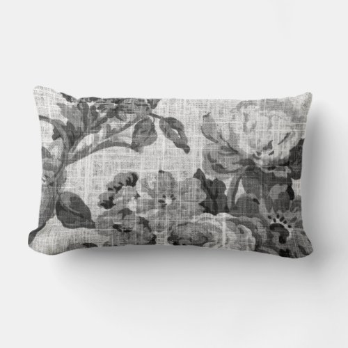 Black  White Gray Tones Floral Toile Fabric No5 Lumbar Pillow