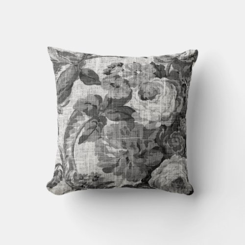 Black  White Gray Tones Floral Toile Fabric No5 Throw Pillow