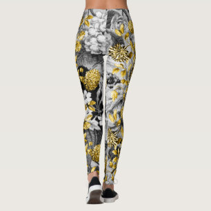 Black White Gray Tones Gold Floral Toile Leggings