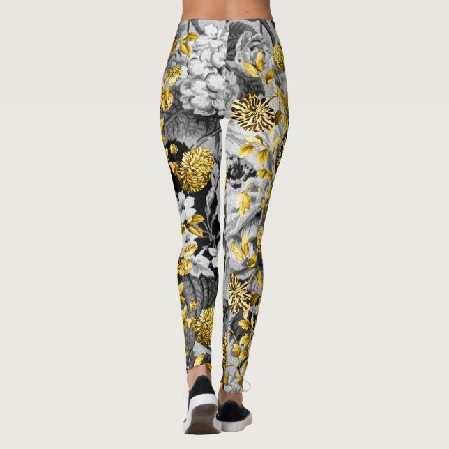 Black White Gray Tones Gold Floral Toile Leggings (Back)