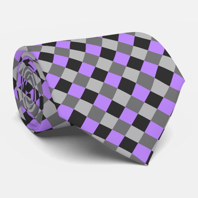 Black White Gray Violet Checkerboard Neck Tie (Rolled)