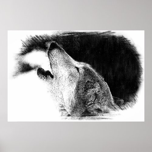 Black  White Gray Wolf Sketch Artwork Poster