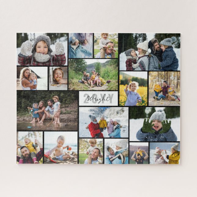 Black White Gray Year Family Name 18 Photo Collage Jigsaw Puzzle (Horizontal)