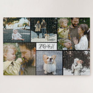 Black White Gray Year & Family Name Photo Collage Jigsaw Puzzle