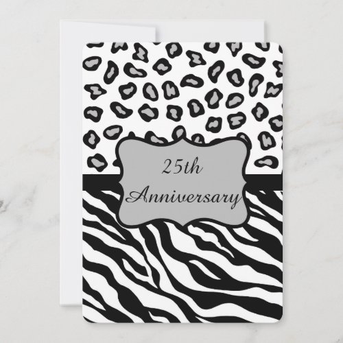 Black White Gray Zebra Leopard 25th Anniversary Invitation