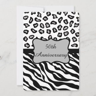 Black White Gray Zebra Leopard 50th Anniversary Invitation