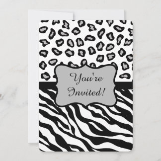 Black White Gray Zebra Leopard Invitation