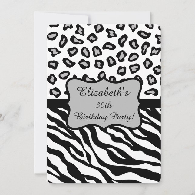 Black White Gray Zebra Leopard Skin 30th Birthday Invitation (Front)