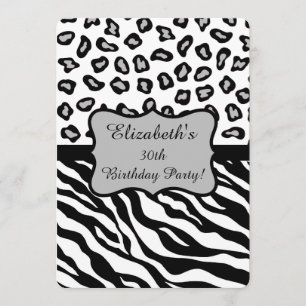 Black White Gray Zebra Leopard Skin 30th Birthday Invitation