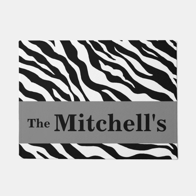 Black White Gray Zebra Skin Name Personalized Doormat (Front)