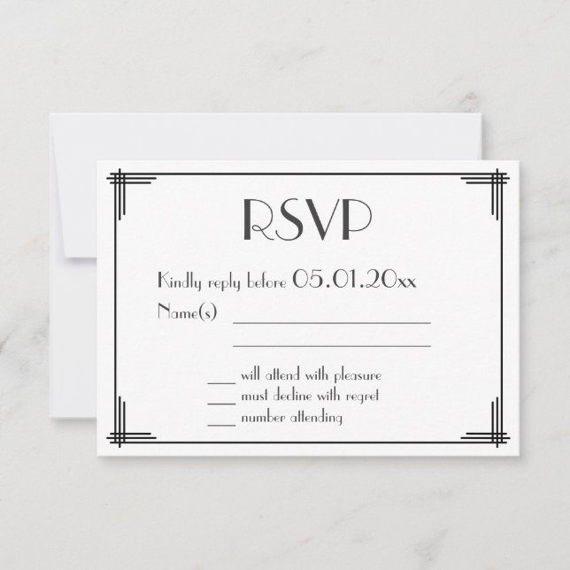 Black White Great Gatsby Art Deco Wedding RSVP Card (Front)