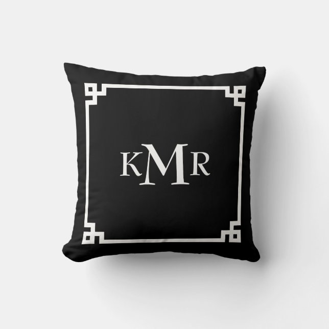 Black White Greek Key Border Custom Monogram Throw Pillow (Front)