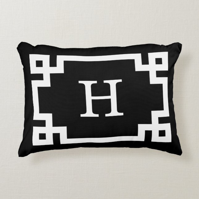 Black White Greek Key Frame #2 Initial Monogram Accent Pillow (Front)