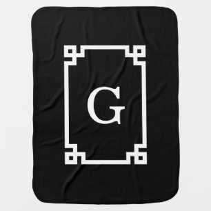 Black White Greek Key Frame #2 Initial Monogram Swaddle Blanket