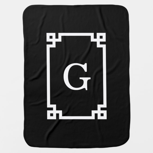 Black White Greek Key Frame #2 Initial Monogram Swaddle Blanket (Front)
