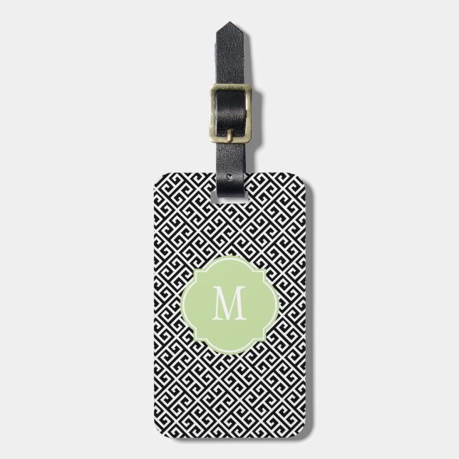Black & White Greek Key Monogram Luggage Tag (Front Vertical)