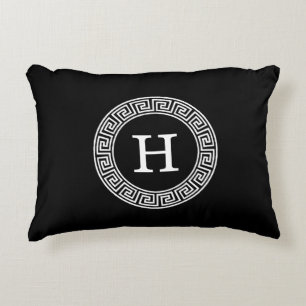 Black White Greek Key Rnd Frame Initial Monogram Accent Pillow