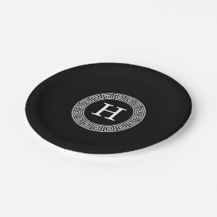 Black White Greek Key Rnd Frame Initial Monogram Paper Plates