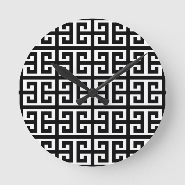 black white greek key round clock (Front)
