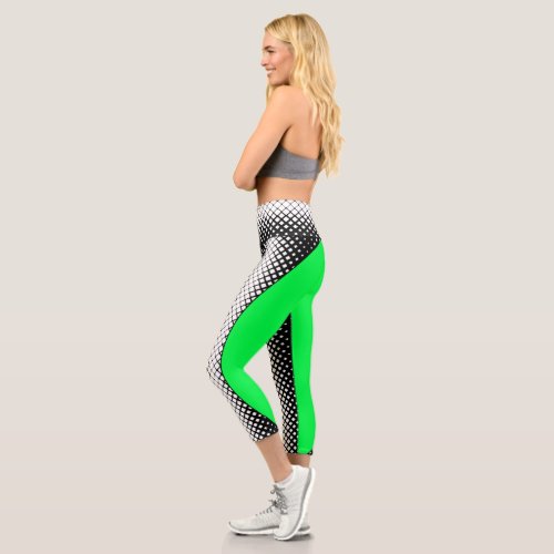 Black white green blocks and oval modern yoga capri leggings
