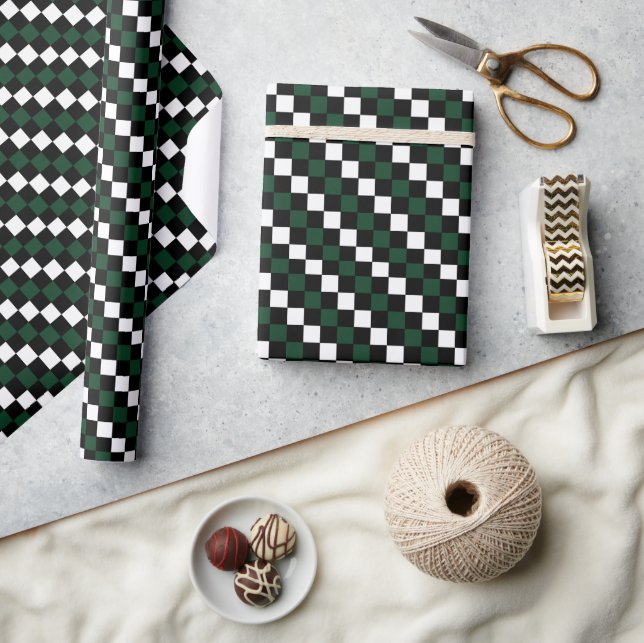 Black White Green Checkerboard Checkered  Wrapping Paper (Crafts)