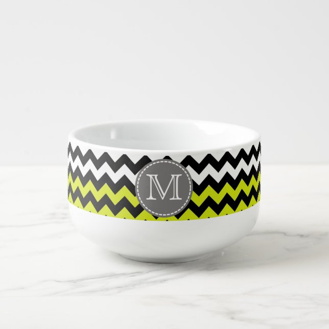 Black White Green Chevron Zigzag Monogram #2 Soup Mug (Front)