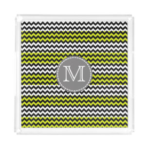 Black White Green Chevron Zigzag Monogram Acrylic Tray