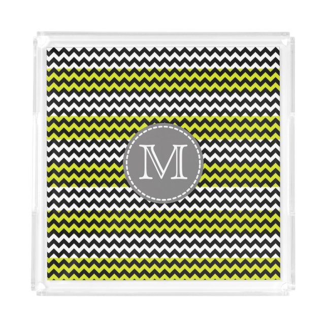 Black White Green Chevron Zigzag Monogram Acrylic Tray (Front)