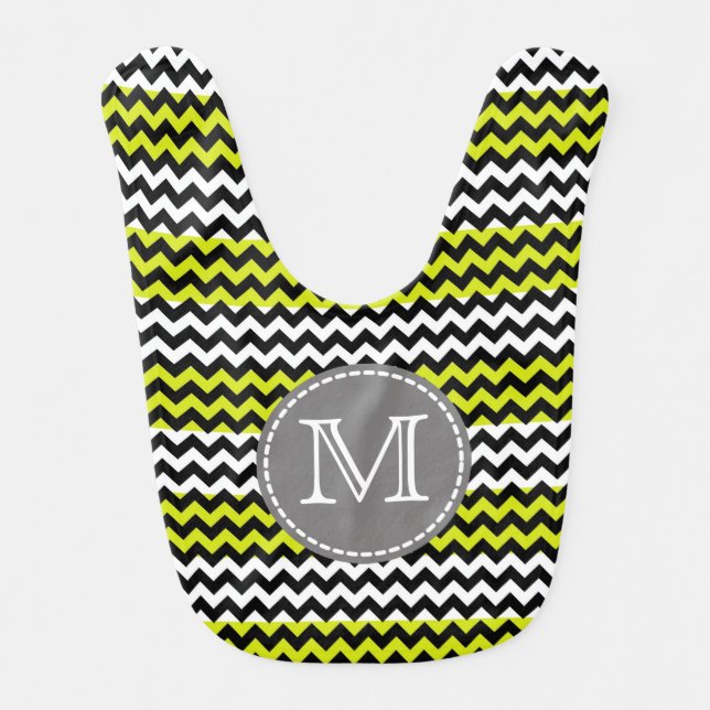 Black White Green Chevron Zigzag Monogram Baby Bib (Front)