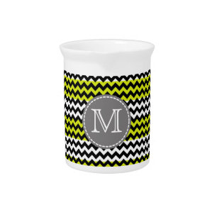 Black White Green Chevron Zigzag Monogram Beverage Pitcher