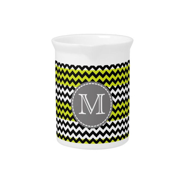 Black White Green Chevron Zigzag Monogram Beverage Pitcher (Front)