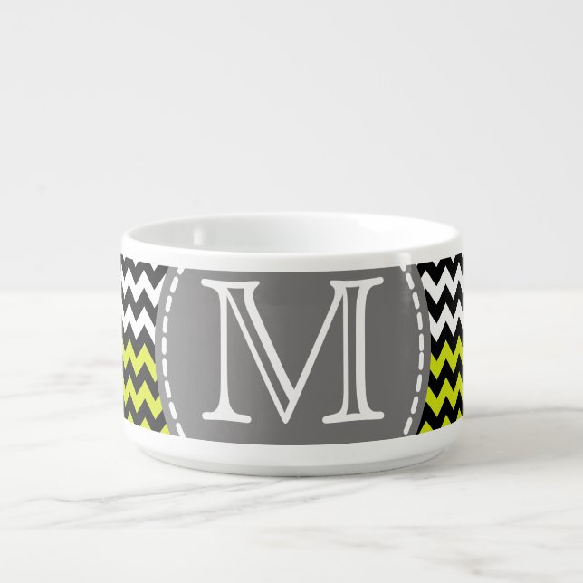Black White Green Chevron Zigzag Monogram Bowl (Center)