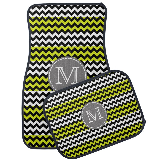 Black White Green Chevron Zigzag Monogram Car Floor Mat (Set)