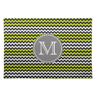 Black White Green Chevron Zigzag Monogram Cloth Placemat