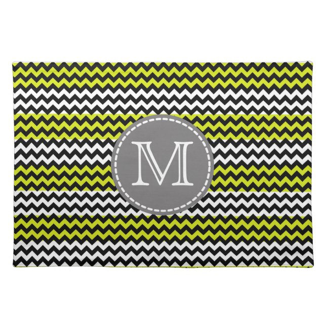 Black White Green Chevron Zigzag Monogram Cloth Placemat (Front)