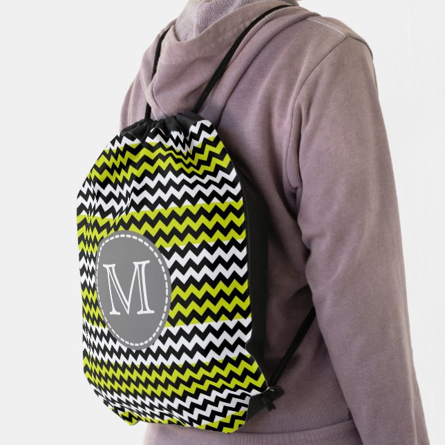 Black White Green Chevron Zigzag Monogram Drawstring Bag (Insitu)