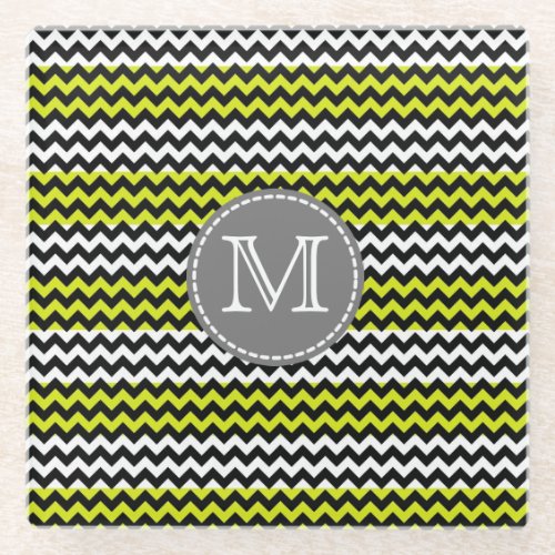 Black White Green Chevron Zigzag Monogram Glass Coaster