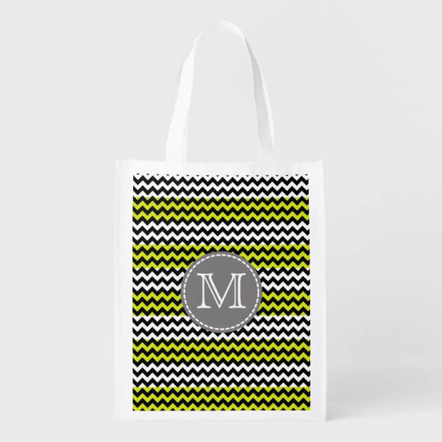 Black White Green Chevron Zigzag Monogram Grocery Bag (Front)