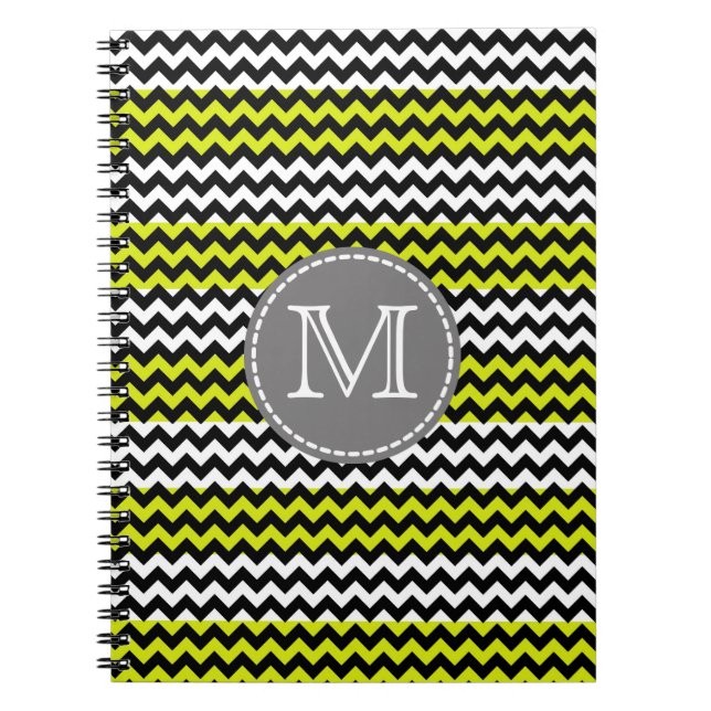 Black White Green Chevron Zigzag Monogram Notebook (Front)