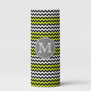 Black White Green Chevron Zigzag Monogram Pillar Candle