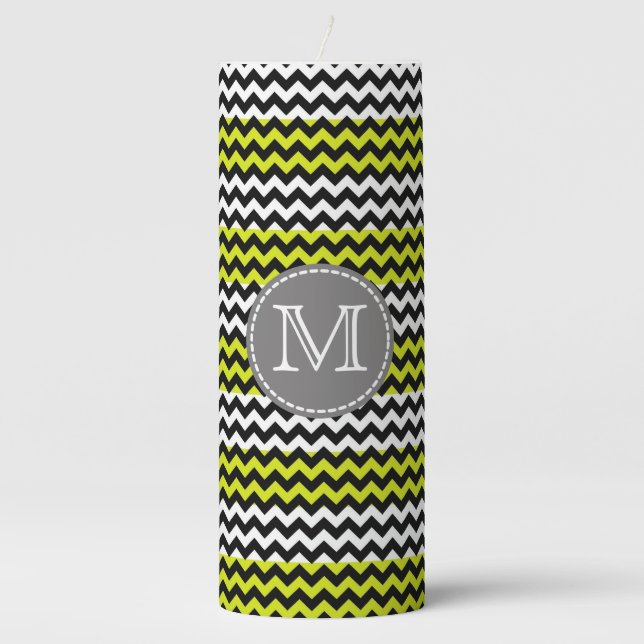 Black White Green Chevron Zigzag Monogram Pillar Candle (Front)