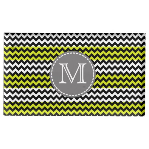 Black White Green Chevron Zigzag Monogram Place Card Holder