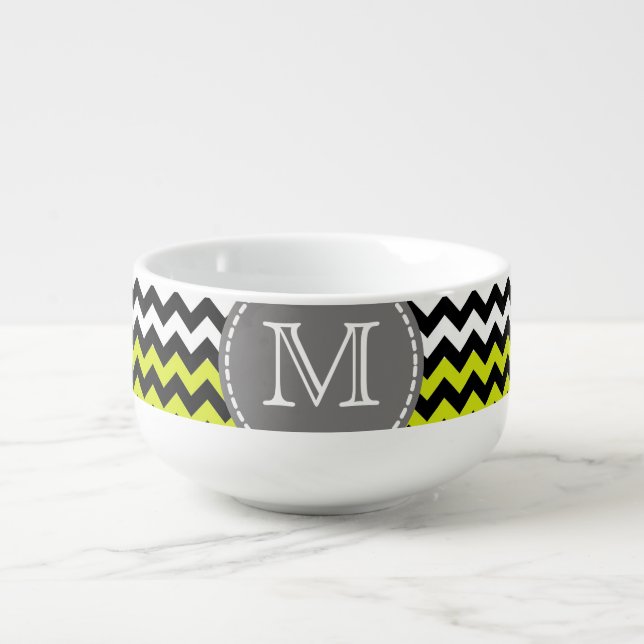 Black White Green Chevron Zigzag Monogram Soup Mug (Front)