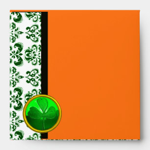 BLACK WHITE , GREEN DAMASK AND SHAMROCK orange Envelope