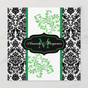 Black, White, Green Damask Scroll Wedding Invite